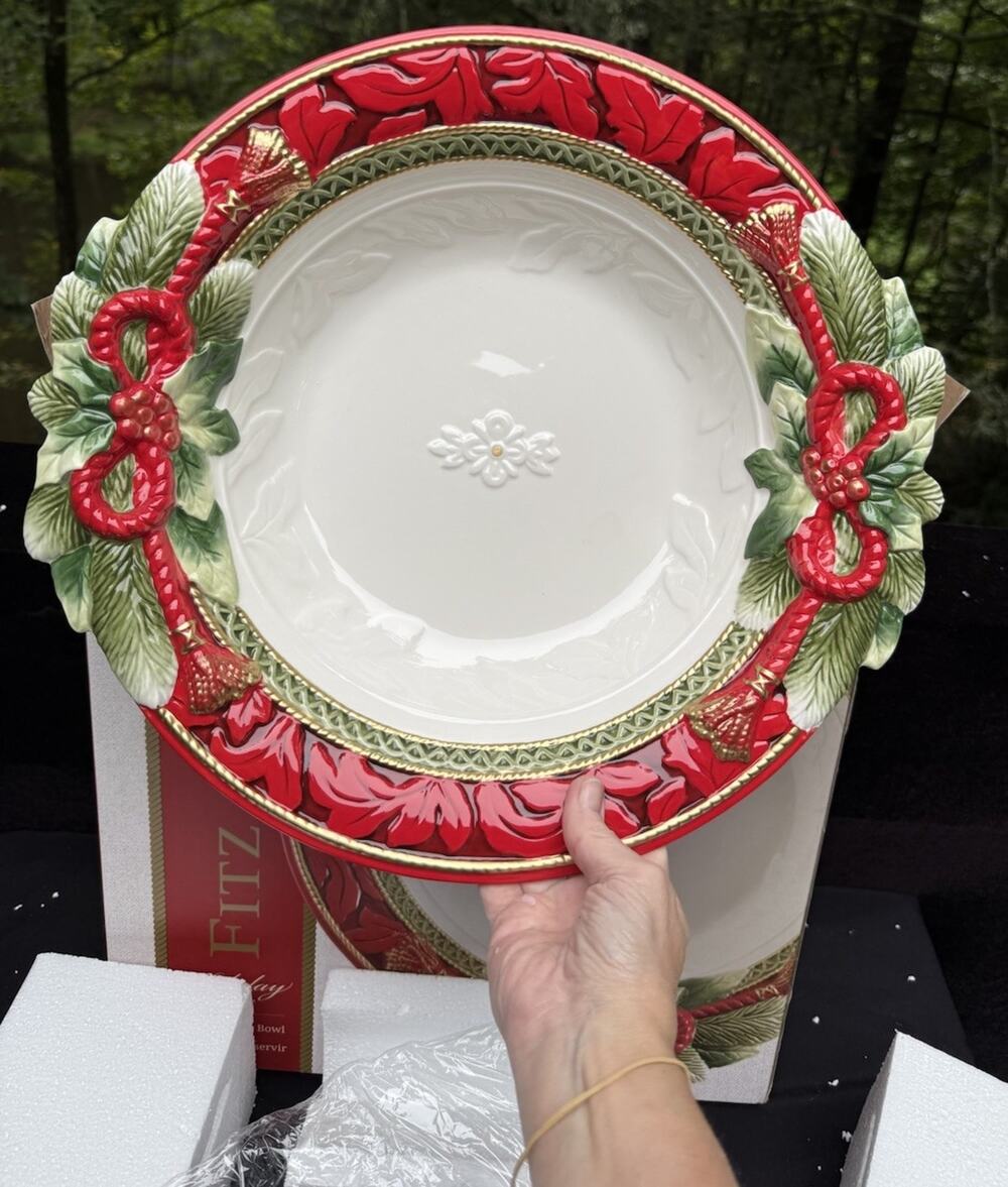 Fitz & Floyd Holiday Home Garland Serving Bowl 16 Inch MIB! In Box!